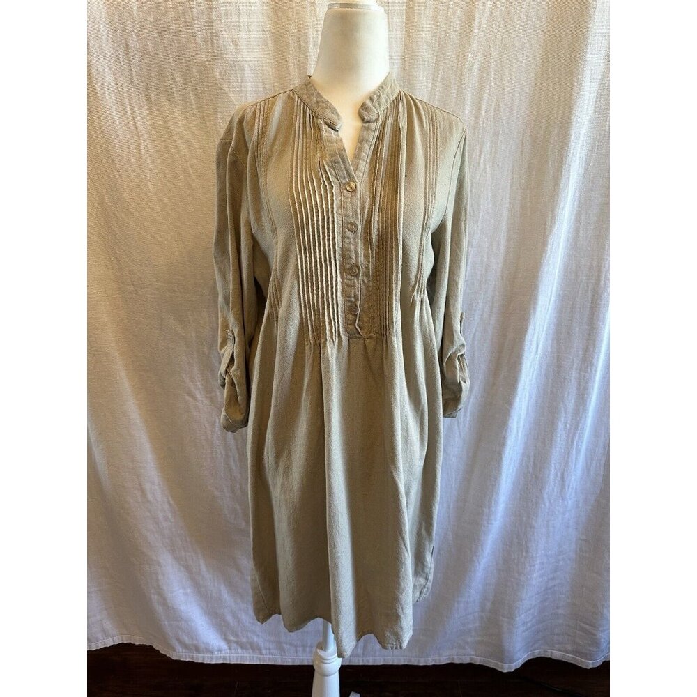 Tahari XS Beige Linen 3/4 Sleeve‎ Split Neck Pleated Dress Lightweight Casual